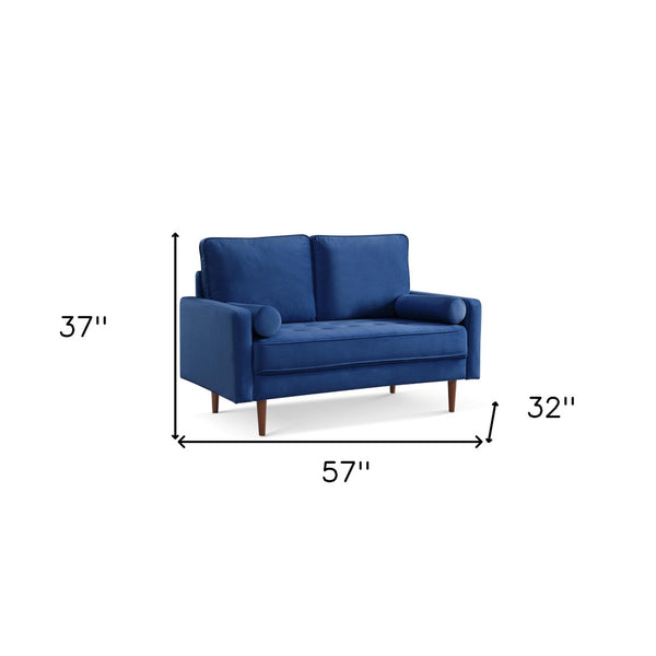 HomeRoots 57" Luxurious Blue Velvet Loveseat with Dark Brown Legs & 2 Bolster Pillows - Chic Comfort for Any Space 543710