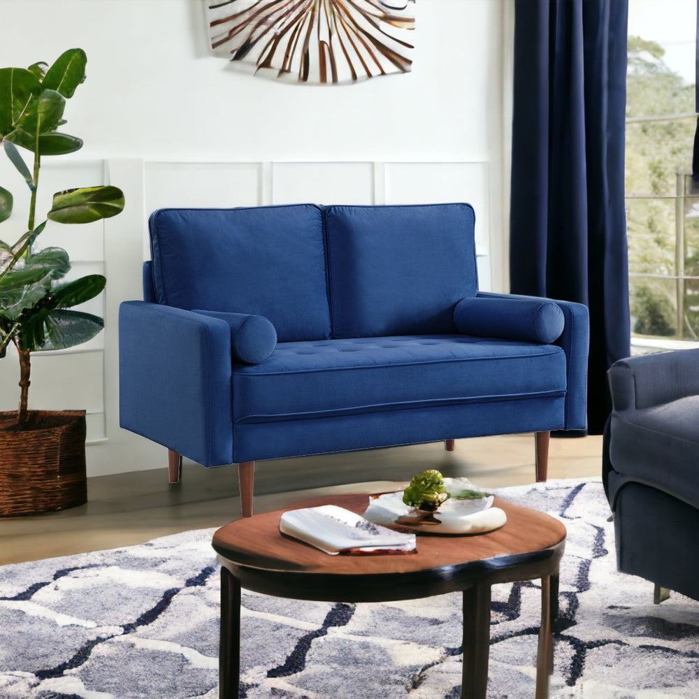 HomeRoots 57" Luxurious Blue Velvet Loveseat with Dark Brown Legs & 2 Bolster Pillows - Chic Comfort for Any Space 543710