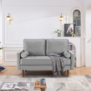 HomeRoots 57" Gray Velvet Loveseat with Dark Brown Legs & 2 Bolster Pillows - Perfect for Small Spaces! 543711
