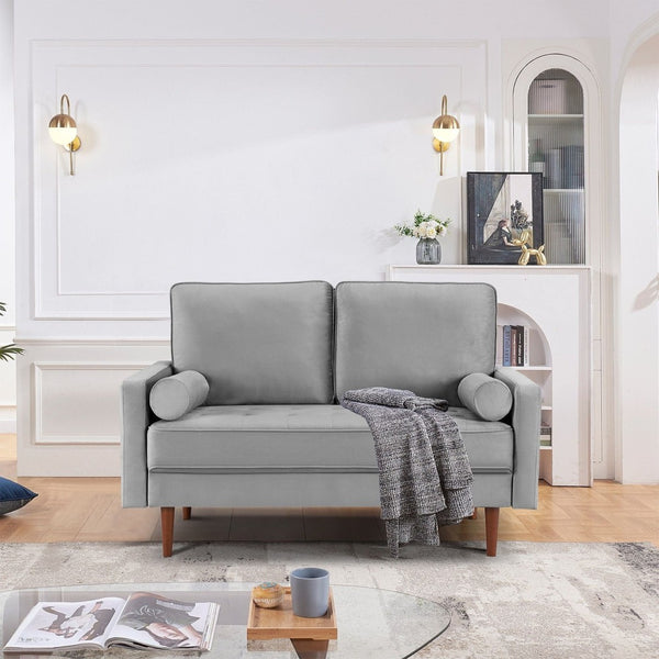 HomeRoots 57" Gray Velvet Loveseat with Dark Brown Legs & 2 Bolster Pillows - Perfect for Small Spaces! 543711