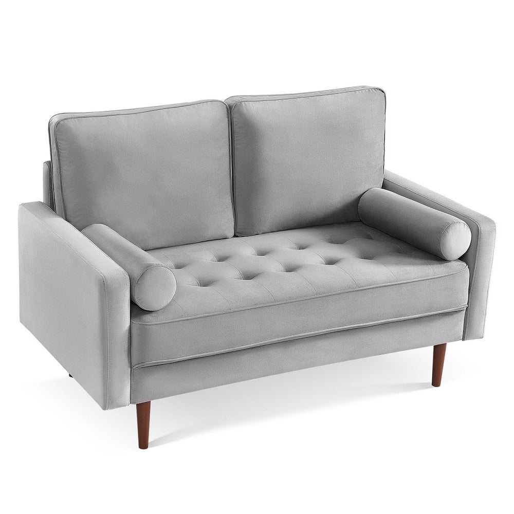 HomeRoots 57" Gray Velvet Loveseat with Dark Brown Legs & 2 Bolster Pillows - Perfect for Small Spaces! 543711