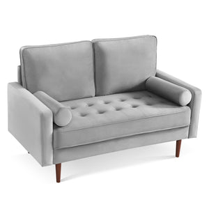 HomeRoots 57" Gray Velvet Loveseat with Dark Brown Legs & 2 Bolster Pillows - Perfect for Small Spaces! 543711