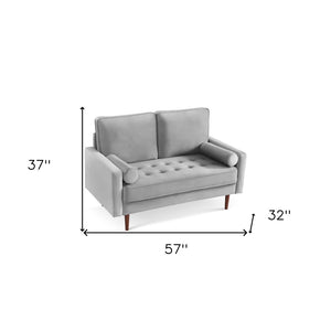 HomeRoots 57" Gray Velvet Loveseat with Dark Brown Legs & 2 Bolster Pillows - Perfect for Small Spaces! 543711