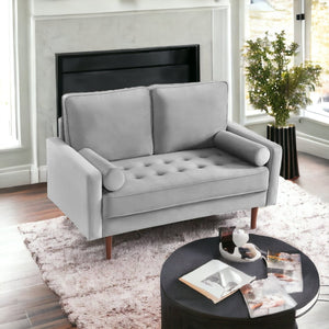 HomeRoots 57" Gray Velvet Loveseat with Dark Brown Legs & 2 Bolster Pillows - Perfect for Small Spaces! 543711