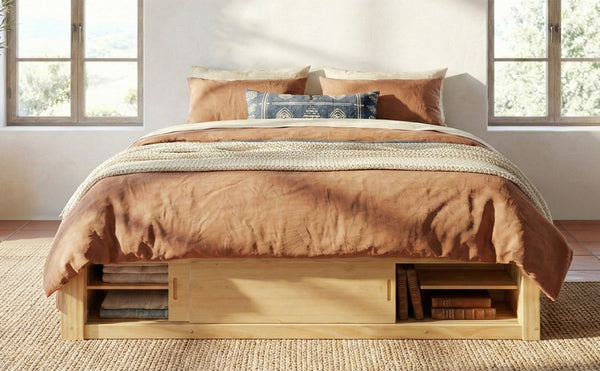 English Elm Queen Platform Bed with Four Storage Drawers Footboard Cubby Modern Low Profile Frame Natural LP000138AAN