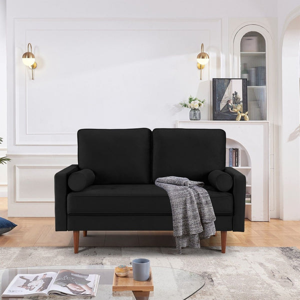 HomeRoots 57" Black and Dark Brown Velvet Loveseat with Bolster Pillows - Elegant Comfort for Any Space 543712
