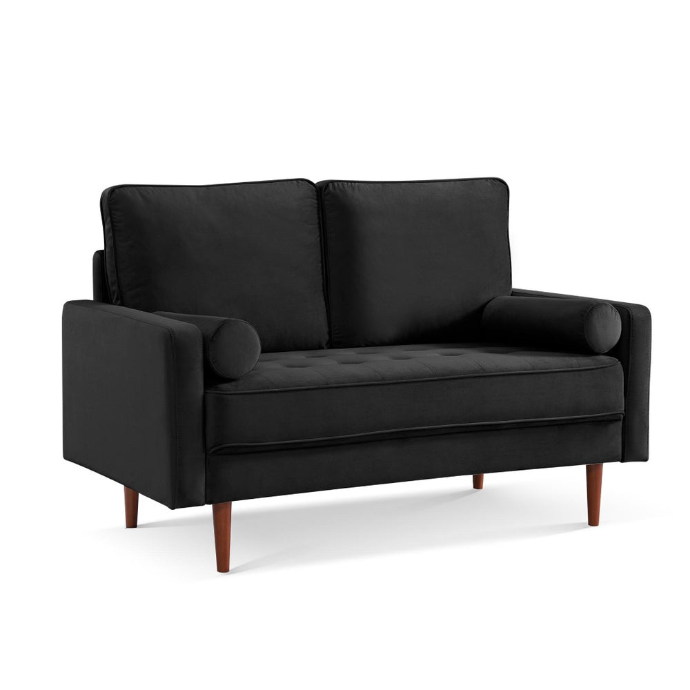 HomeRoots 57" Black and Dark Brown Velvet Loveseat with Bolster Pillows - Elegant Comfort for Any Space 543712