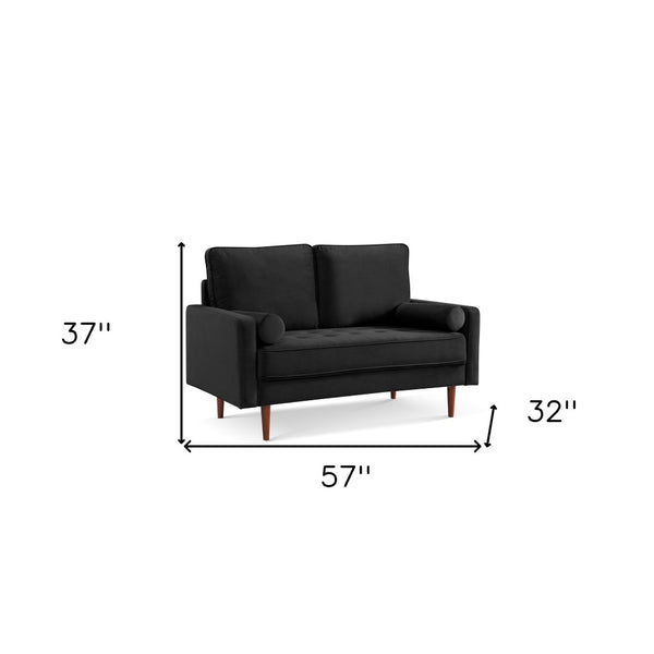 HomeRoots 57" Black and Dark Brown Velvet Loveseat with Bolster Pillows - Elegant Comfort for Any Space 543712