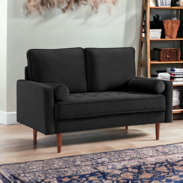 HomeRoots 57" Black and Dark Brown Velvet Loveseat with Bolster Pillows - Elegant Comfort for Any Space 543712