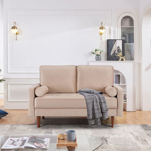 HomeRoots 57" Beige Velvet Loveseat with Dark Brown Legs & Toss Pillows - Mid-Century Modern Comfort for Small Spaces 543713
