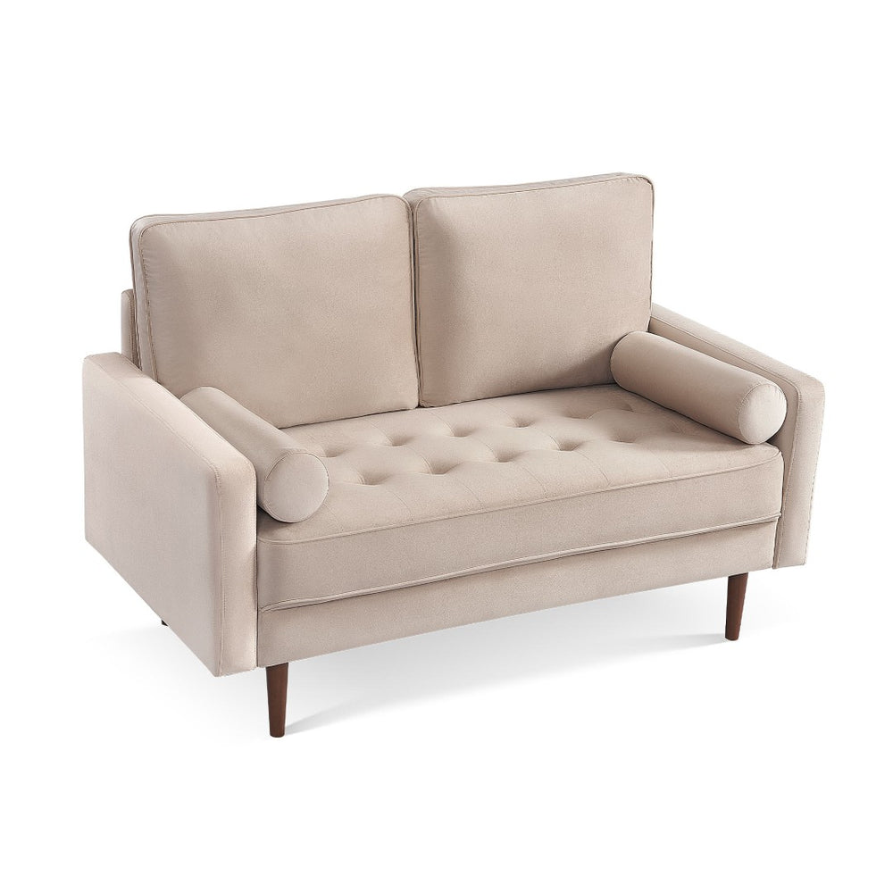 HomeRoots 57" Beige Velvet Loveseat with Dark Brown Legs & Toss Pillows - Mid-Century Modern Comfort for Small Spaces 543713