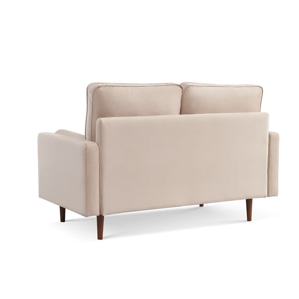 HomeRoots 57" Beige Velvet Loveseat with Dark Brown Legs & Toss Pillows - Mid-Century Modern Comfort for Small Spaces 543713