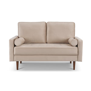 HomeRoots 57" Beige Velvet Loveseat with Dark Brown Legs & Toss Pillows - Mid-Century Modern Comfort for Small Spaces 543713