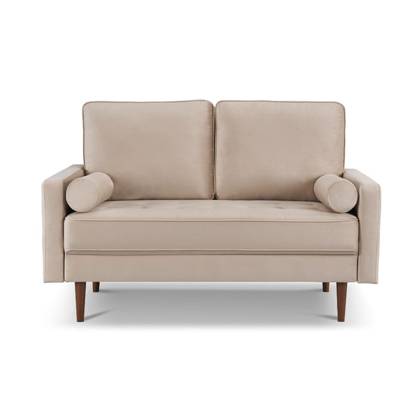 HomeRoots 57" Beige Velvet Loveseat with Dark Brown Legs & Toss Pillows - Mid-Century Modern Comfort for Small Spaces 543713