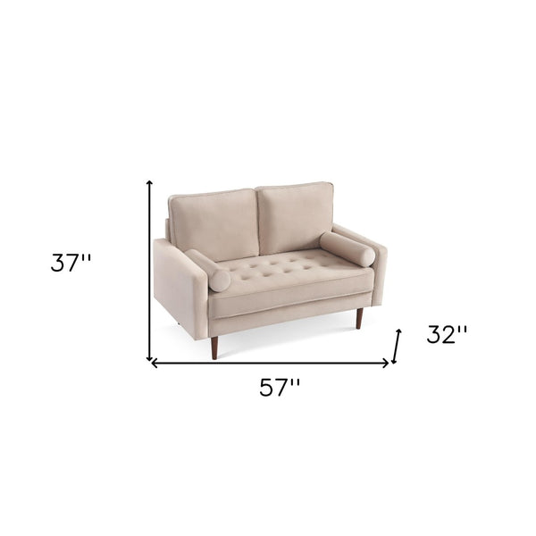 HomeRoots 57" Beige Velvet Loveseat with Dark Brown Legs & Toss Pillows - Mid-Century Modern Comfort for Small Spaces 543713