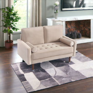 HomeRoots 57" Beige Velvet Loveseat with Dark Brown Legs & Toss Pillows - Mid-Century Modern Comfort for Small Spaces 543713