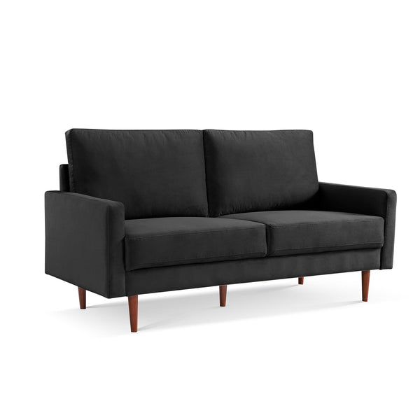 Homeroots 69" Black Velvet Sofa With Dark Brown Legs   543716