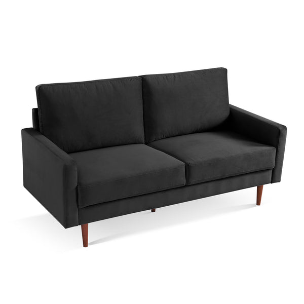 Homeroots 69" Black Velvet Sofa With Dark Brown Legs   543716