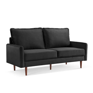Homeroots 69" Black Velvet Sofa With Dark Brown Legs   543724