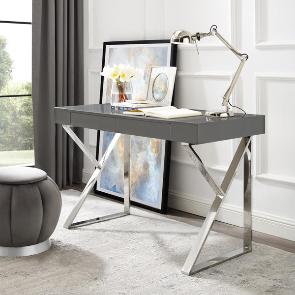 Homeroots 48" Dark Gray And Silver Metallic Writing Desk With Two Drawers Dark Grey,Chrome  543743