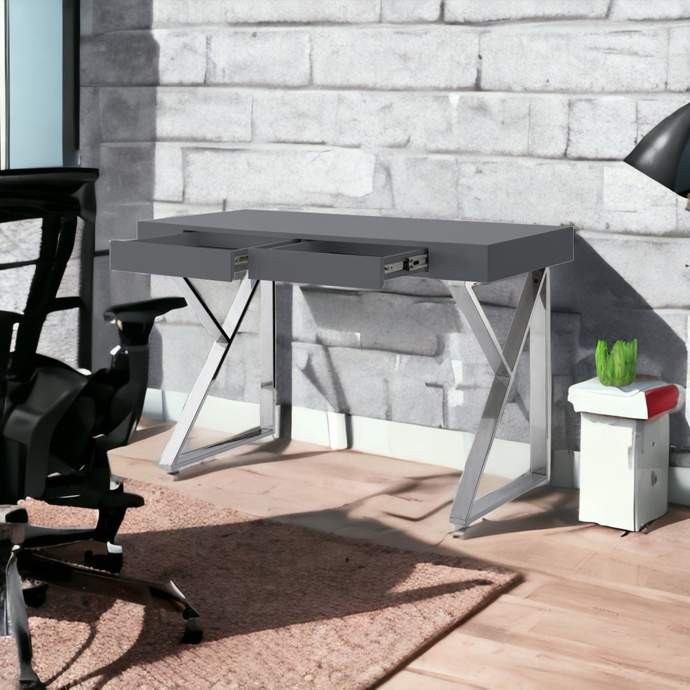HomeRoots 48" Elegant Writing Desk with Two Drawers for Stylish Home Office or Compact Workspace Organization Dark Grey/Chrome 543743