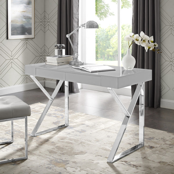 Homeroots 48" Light Gray And Silver Metallic Writing Desk With Two Drawers Light Grey,Chrome  543744