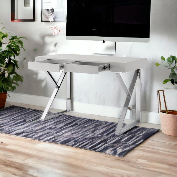 Homeroots 48" Light Gray And Silver Metallic Writing Desk With Two Drawers Light Grey,Chrome  543744