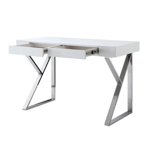 HomeRoots 48" Modern White and Silver Writing Desk with Two Drawers for Stylish Home Office Organization 543745