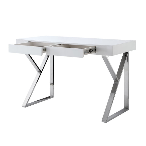 HomeRoots 48" Modern White and Silver Writing Desk with Two Drawers for Stylish Home Office Organization 543745