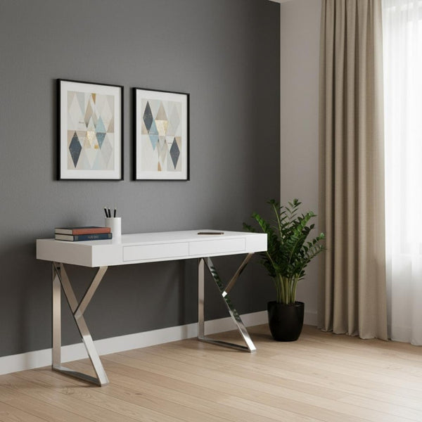 HomeRoots 48" Modern White and Silver Writing Desk with Two Drawers for Stylish Home Office Organization 543745