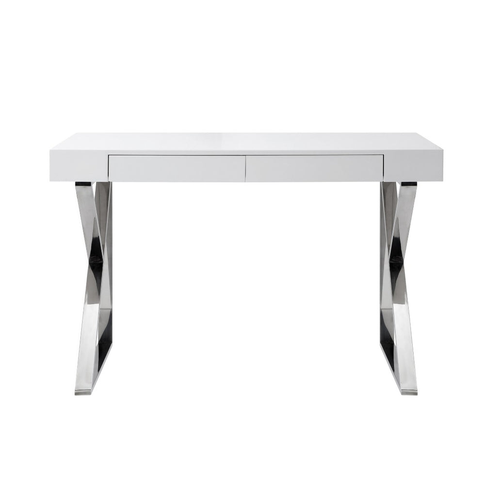 HomeRoots 48" Modern White and Silver Writing Desk with Two Drawers for Stylish Home Office Organization 543745
