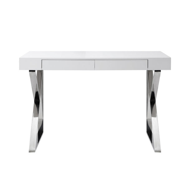 HomeRoots 48" Modern White and Silver Writing Desk with Two Drawers for Stylish Home Office Organization 543745