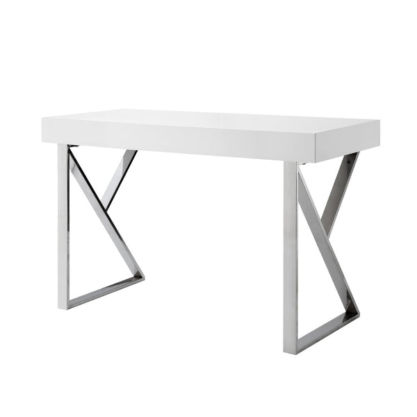 HomeRoots 48" Modern White and Silver Writing Desk with Two Drawers for Stylish Home Office Organization 543745