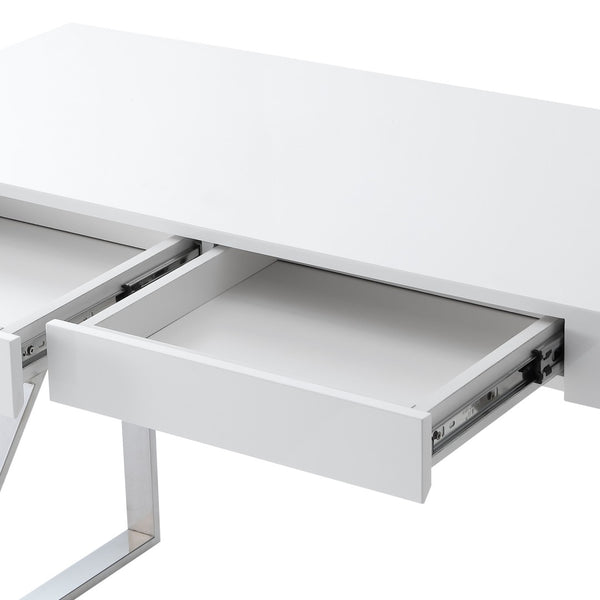 HomeRoots 48" Modern White and Silver Writing Desk with Two Drawers for Stylish Home Office Organization 543745