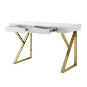 Homeroots 48" Elegant White And Gold Wood Sled Writing Desk With Two Drawers For Home Office Or Bedroom White,Gold  543746