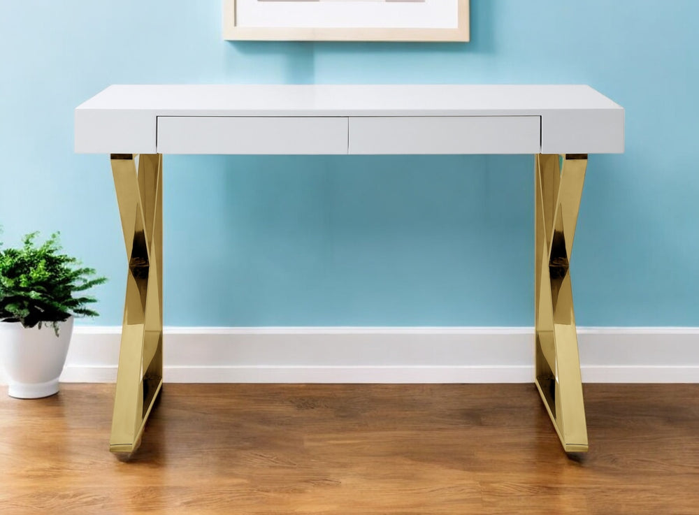 Homeroots 48" Elegant White And Gold Wood Sled Writing Desk With Two Drawers For Home Office Or Bedroom White,Gold  543746