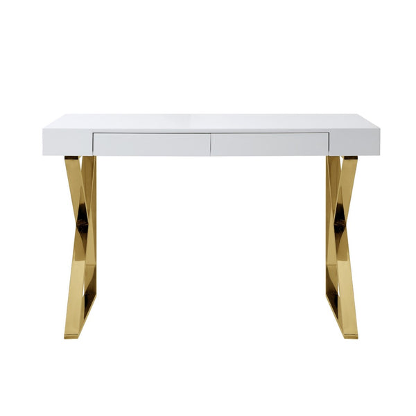 HomeRoots 48" Elegant Writing Desk with Two Drawers for Stylish Home Office or Compact Workspace Organization White/Gold 543746