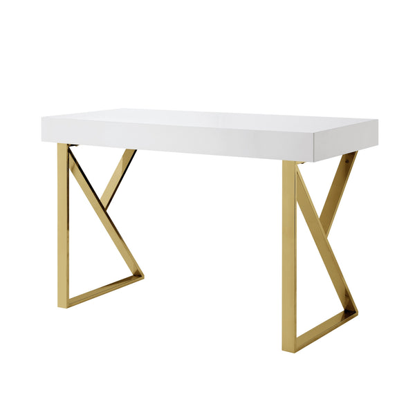Homeroots 48" Elegant White And Gold Wood Sled Writing Desk With Two Drawers For Home Office Or Bedroom White,Gold  543746