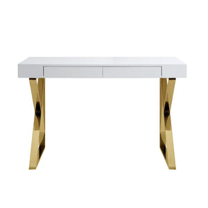 Homeroots 48" Elegant White And Gold Wood Sled Writing Desk With Two Drawers For Home Office Or Bedroom White,Gold  543746