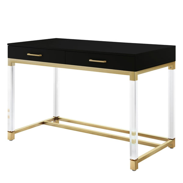HomeRoots 48" Elegant Wood and Acrylic Writing Desk with Stainless Steel Accents and Two Drawers for Storage Black/Gold 543747
