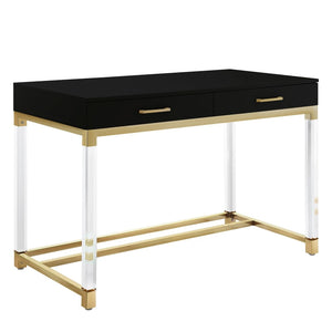 Homeroots 48" Elegant Writing Desk With Two Drawers – Stylish Wood, Acrylic & Stainless Steel Design For Home Office Black,Gold  543747