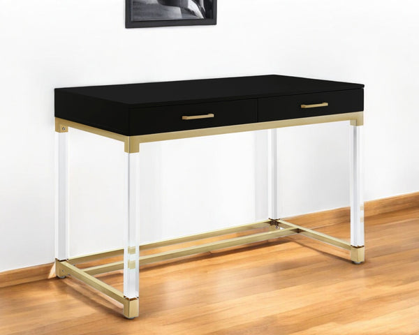 Homeroots 48" Elegant Writing Desk With Two Drawers – Stylish Wood, Acrylic & Stainless Steel Design For Home Office Black,Gold  543747