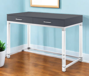 Homeroots 48" Elegant Writing Desk With Two Drawers – Stylish Wood, Acrylic & Stainless Steel Design For Home Office Dark Grey,Chrome  543748