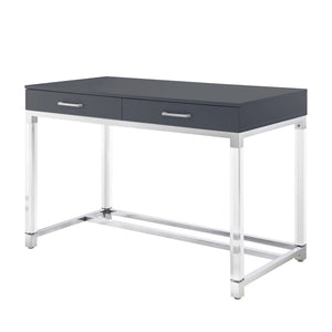 HomeRoots 48" Elegant Wood and Acrylic Writing Desk with Stainless Steel Accents and Two Drawers for Storage Dark Grey/Chrome 543748