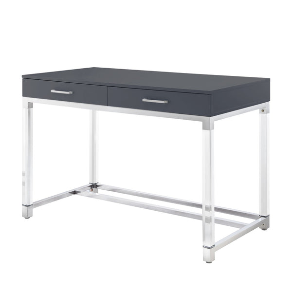 HomeRoots 48" Elegant Wood and Acrylic Writing Desk with Stainless Steel Accents and Two Drawers for Storage Dark Grey/Chrome 543748