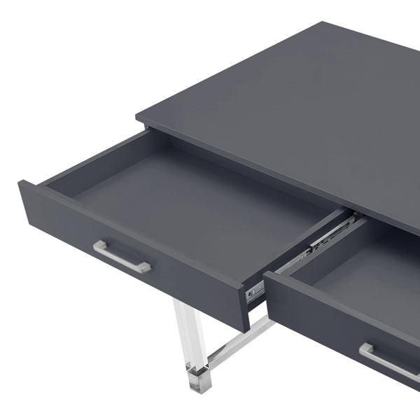 Homeroots 48" Elegant Writing Desk With Two Drawers – Stylish Wood, Acrylic & Stainless Steel Design For Home Office Dark Grey,Chrome  543748