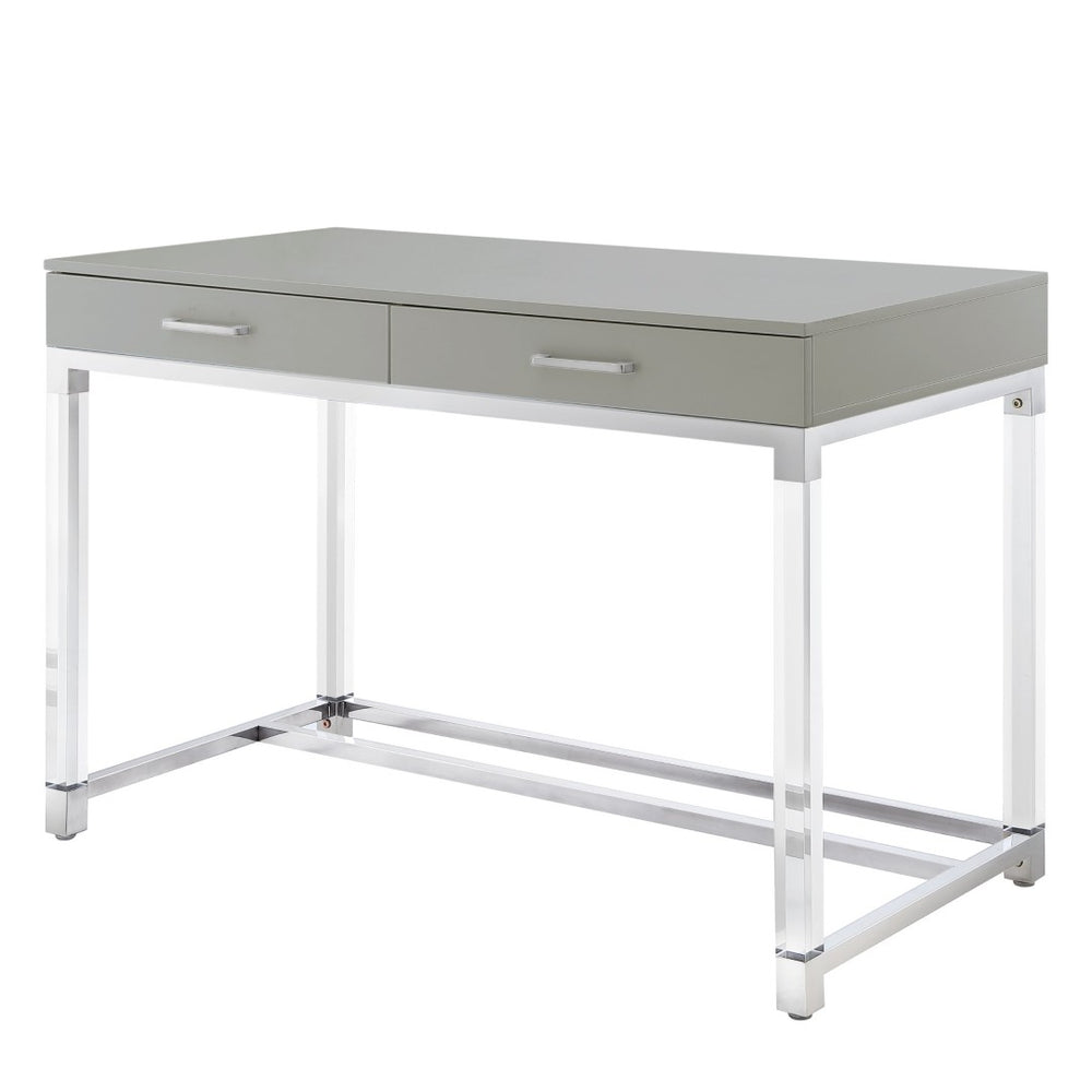 HomeRoots 48" Elegant Wood and Acrylic Writing Desk with Stainless Steel Accents and Two Drawers for Storage Light Grey/Chrome 543749