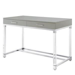 HomeRoots 48" Elegant Wood and Acrylic Writing Desk with Stainless Steel Accents and Two Drawers for Storage Light Grey/Chrome 543749