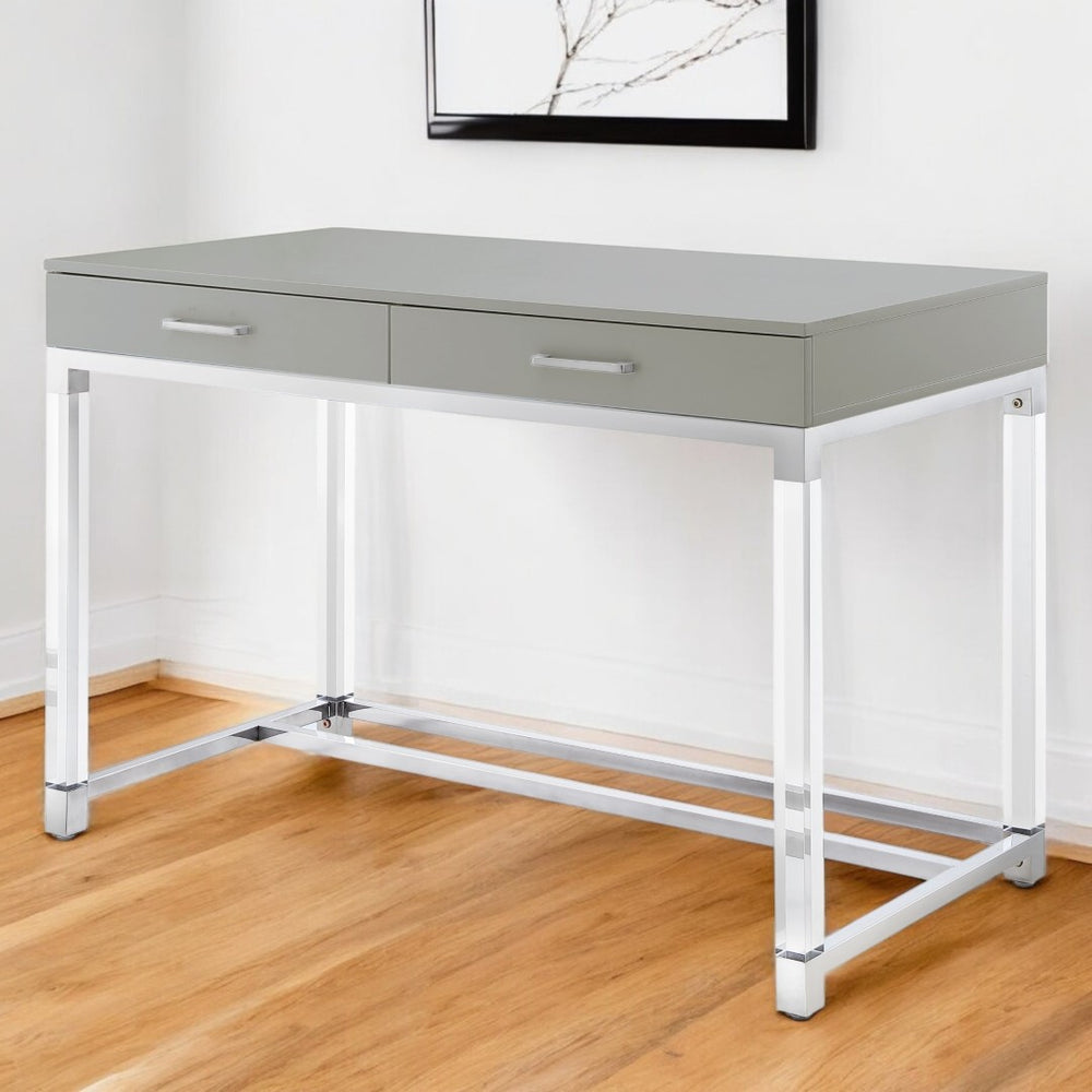 HomeRoots 48" Elegant Wood and Acrylic Writing Desk with Stainless Steel Accents and Two Drawers for Storage Light Grey/Chrome 543749