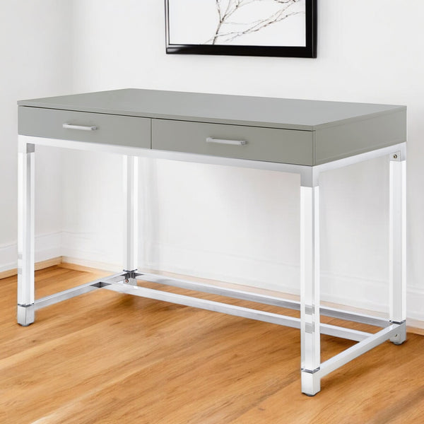 Homeroots 48" Elegant Writing Desk With Two Drawers – Stylish Wood, Acrylic & Stainless Steel Design For Home Office Light Grey,Chrome  543749